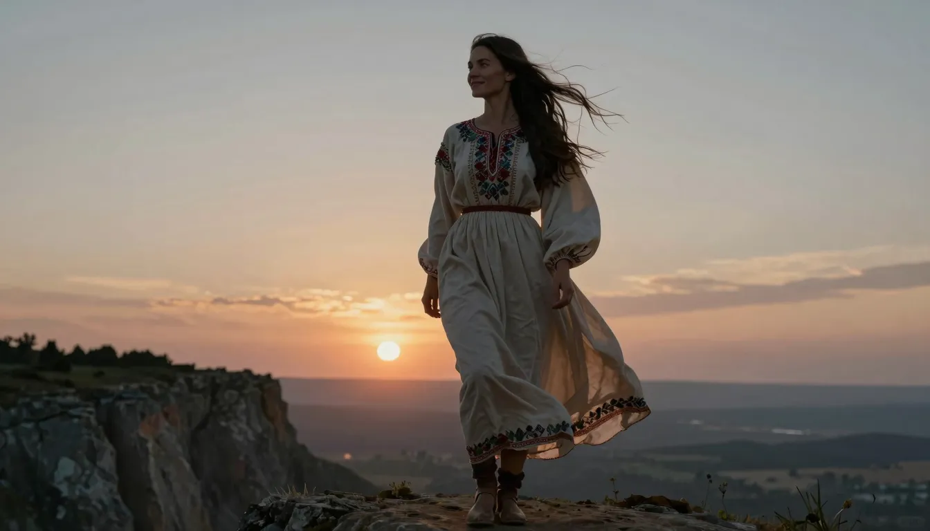 A powerful woman standing on a high cliff at twilight, weari...