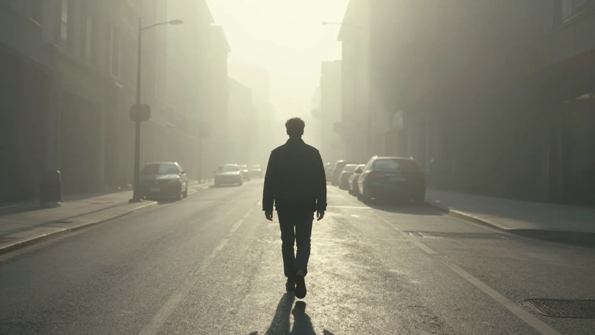 A minimalist cinematic shot of a person walking away into a ...