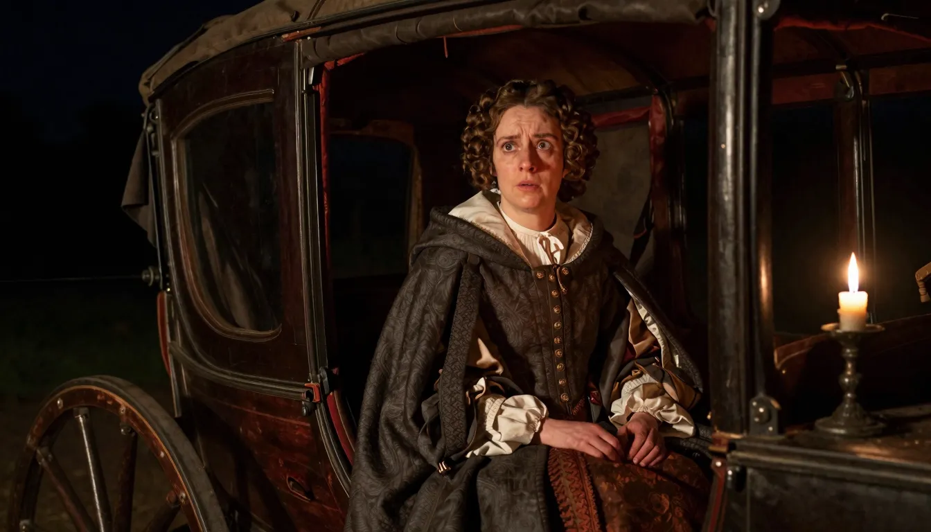 A realistic 17th-century carriage interior, dim candlelight,...