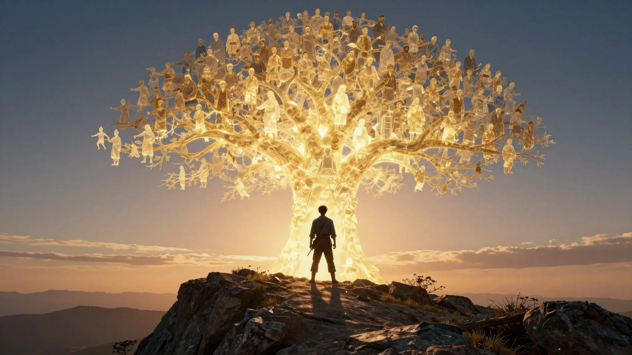 A powerful man standing on a high cliff at sunset, behind hi...