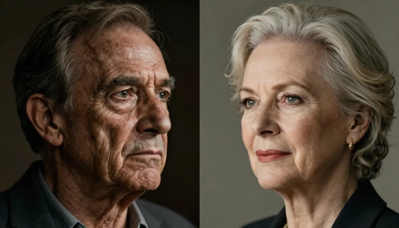 A side-by-side comparison of two portraits: one showing hars...