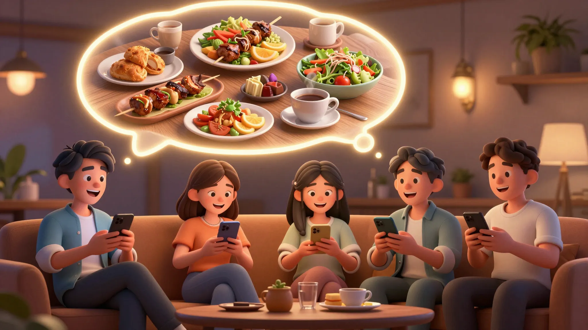 A group of four cheerful friends, two men and two women, sit...