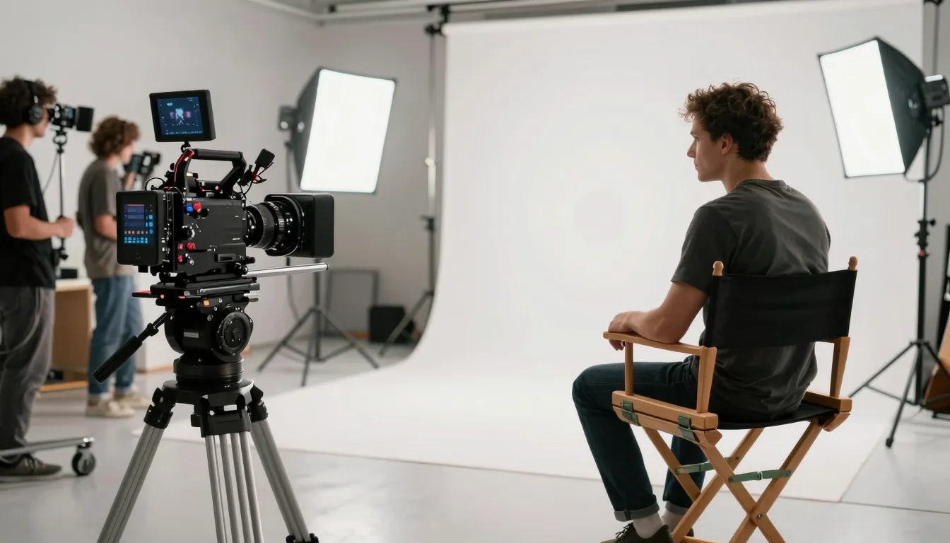 Cinematic shot of a professional film set, high-end cameras,...