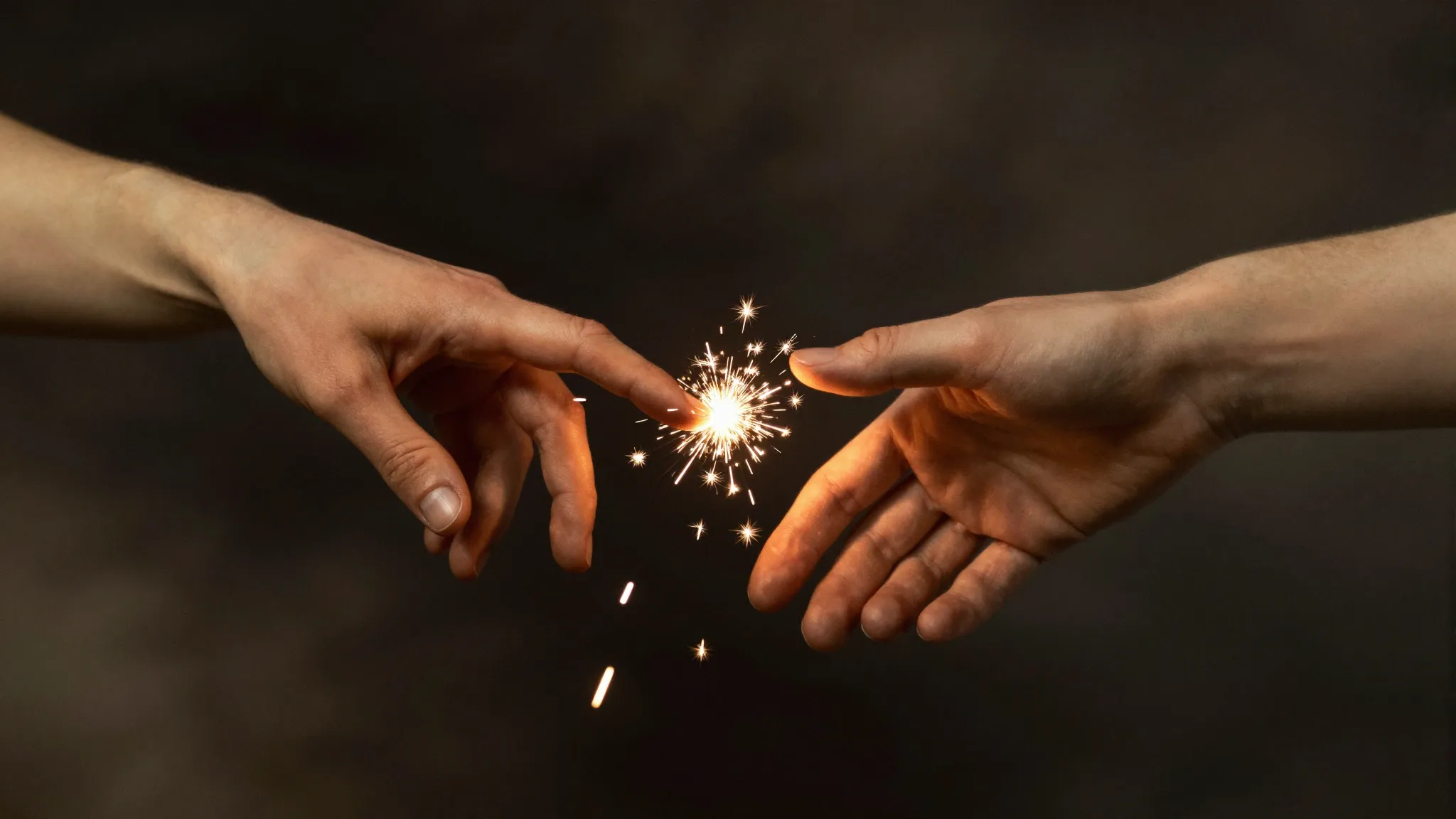 A conceptual art piece showing two hands reaching out to tou...