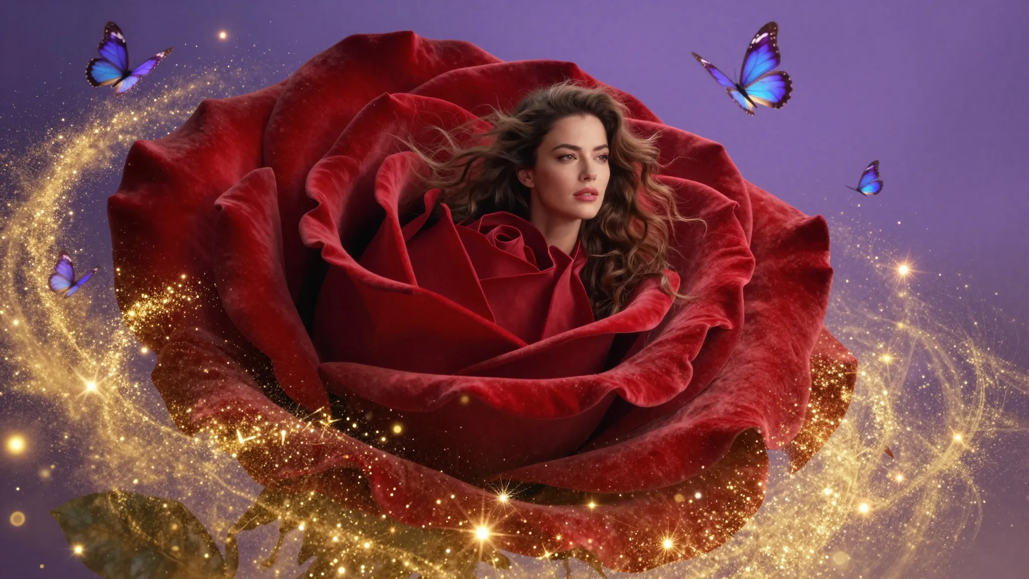 Cinematic wide shot of a stunning woman with flowing hair, e...