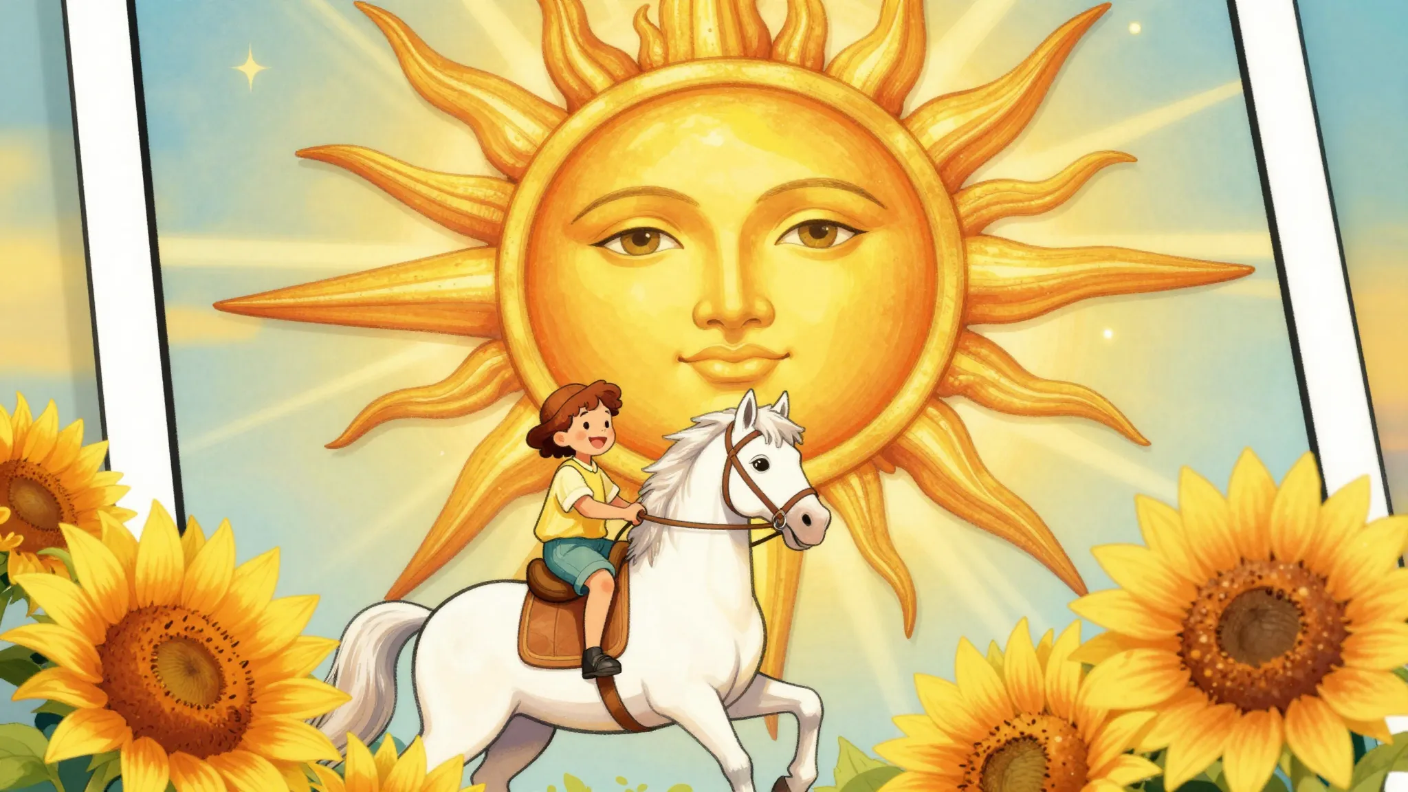 Tarot card illustration of a magnificent golden sun with a s...