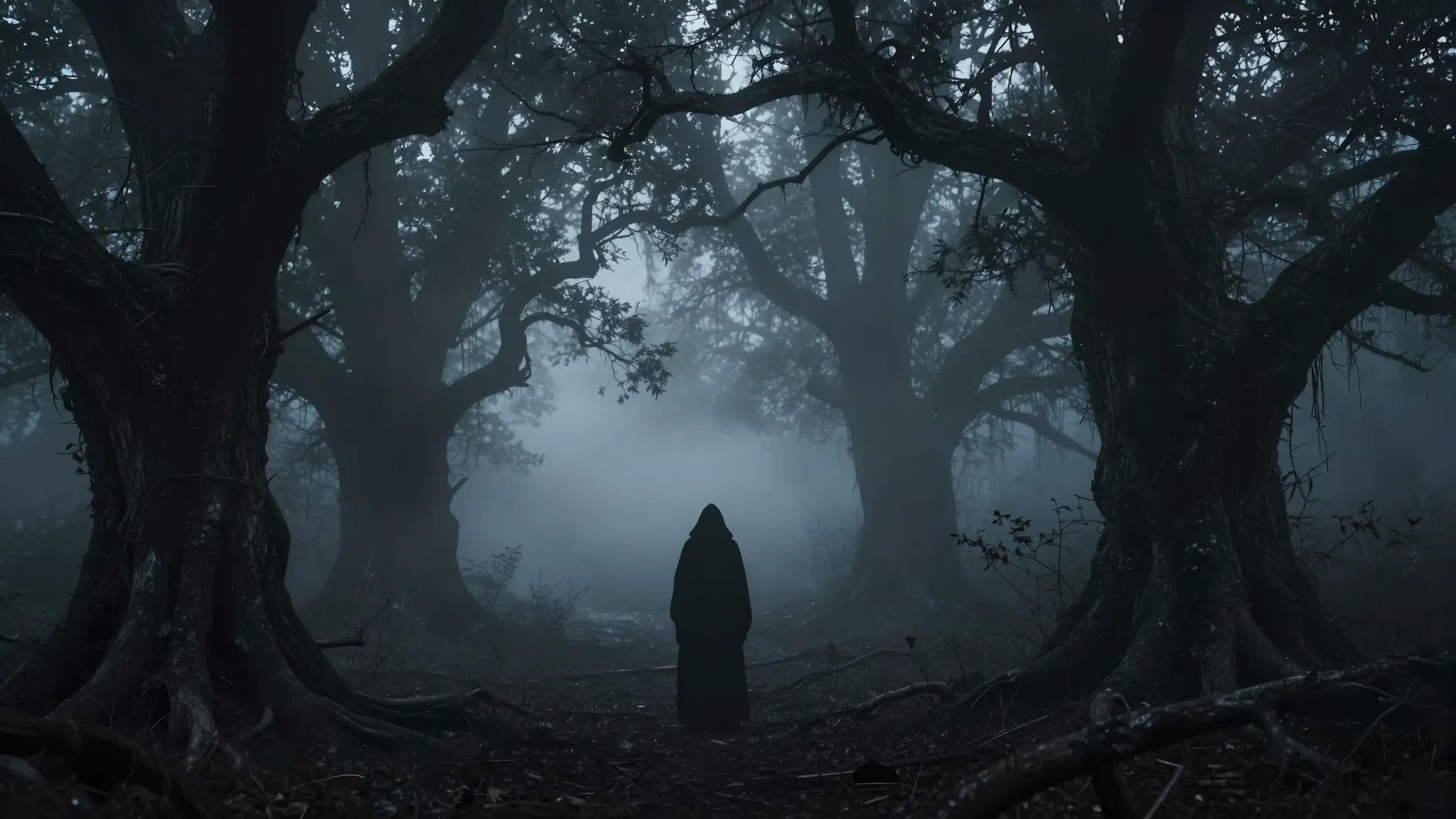 Dark atmospheric album cover art, misty ancient forest with ...