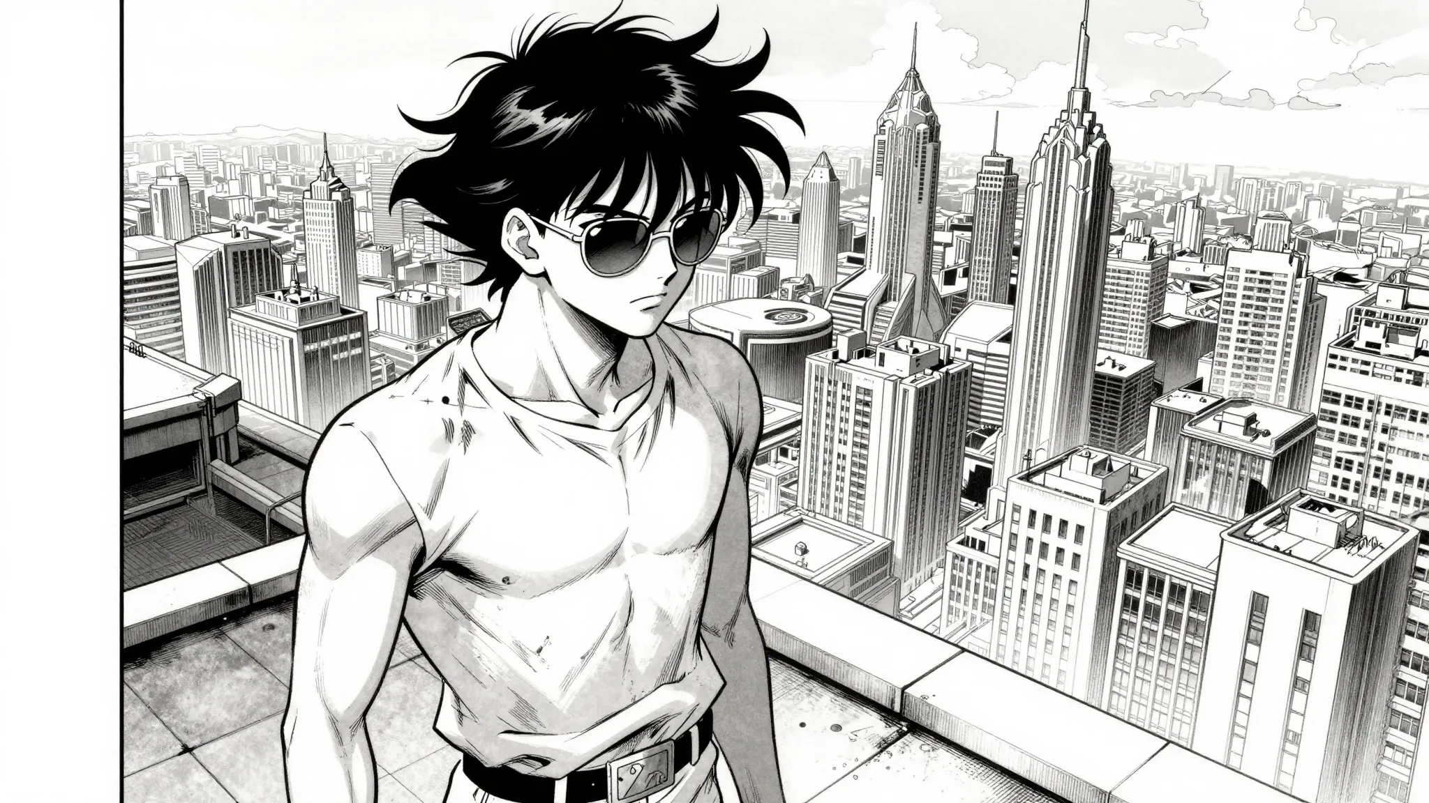Manga splash page, Apollo at 17 standing on a rooftop overlo...