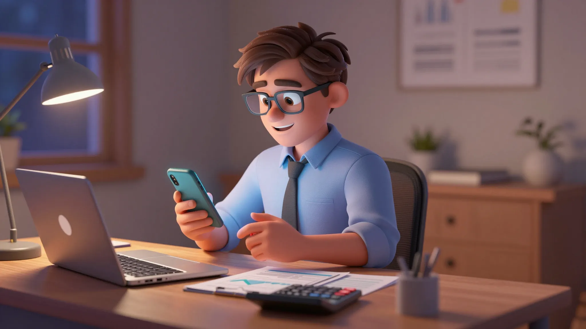 A friendly male accountant sitting at a desk with a laptop a...