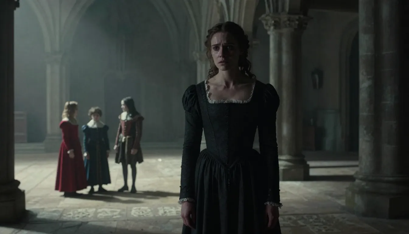 A dark, moody 16th-century French castle setting. A young wo...