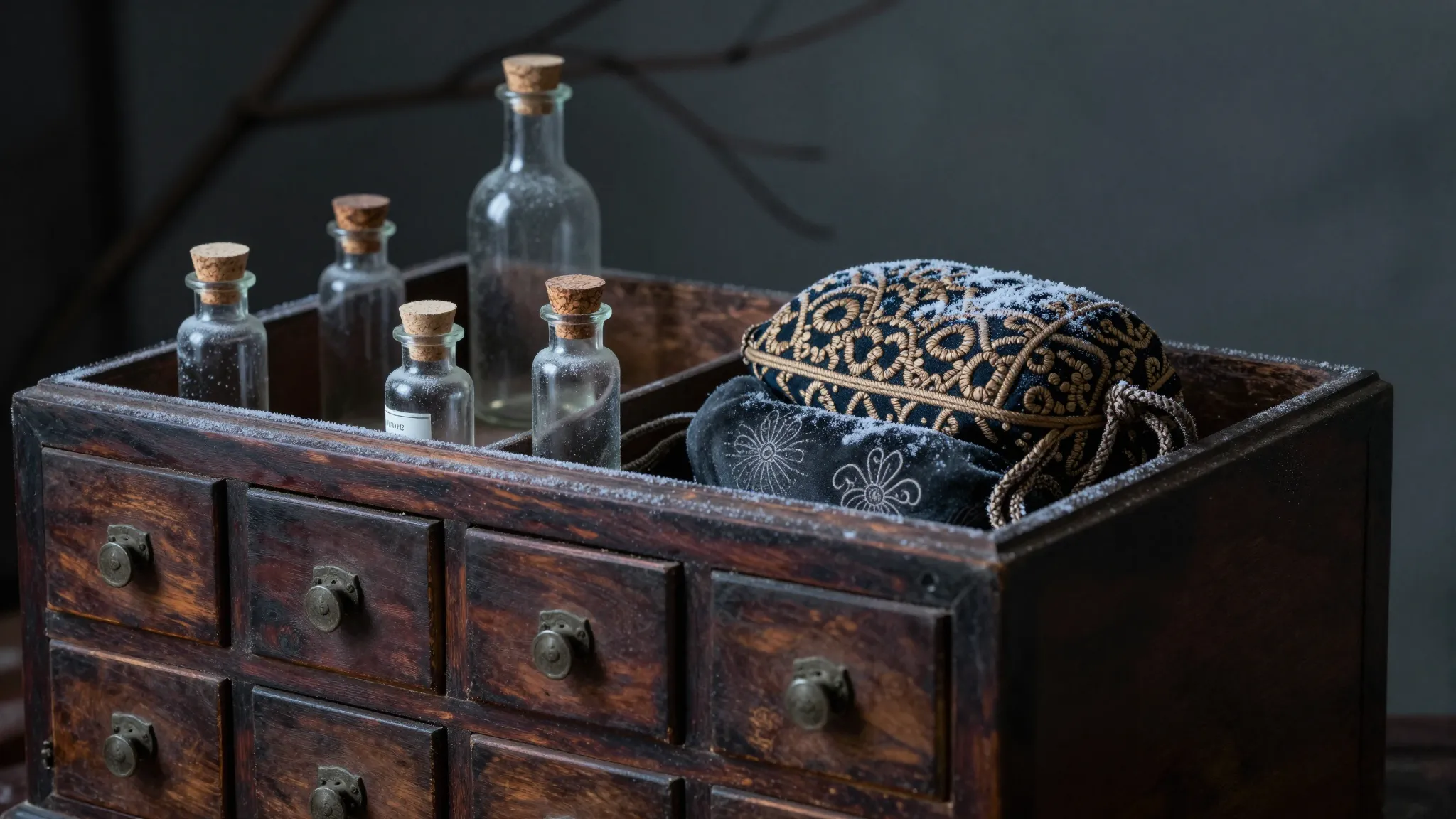 A close-up of an ancient, dark wood portable apothecary box ...