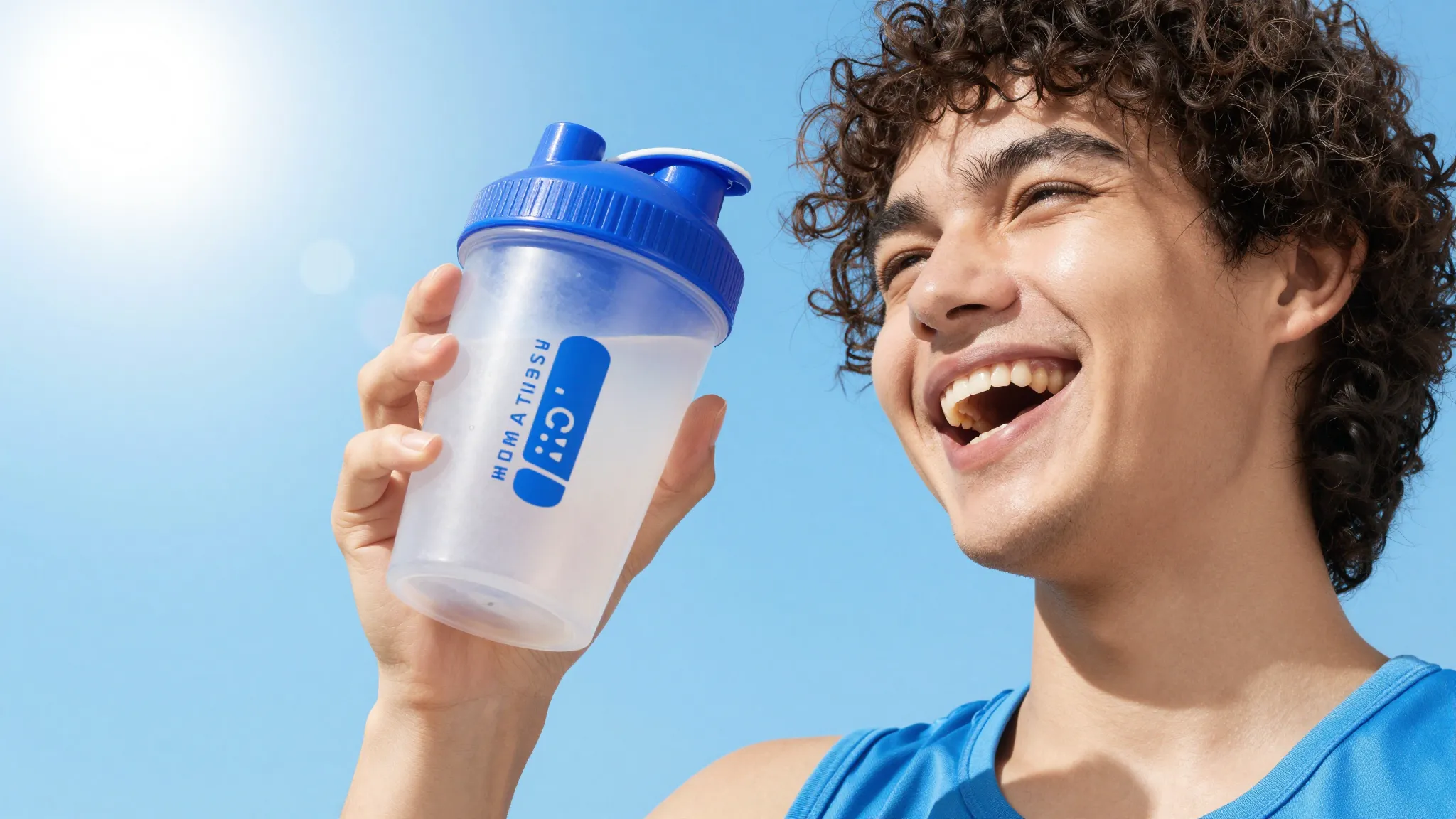 A person feeling energetic and happy, holding a shaker, with...