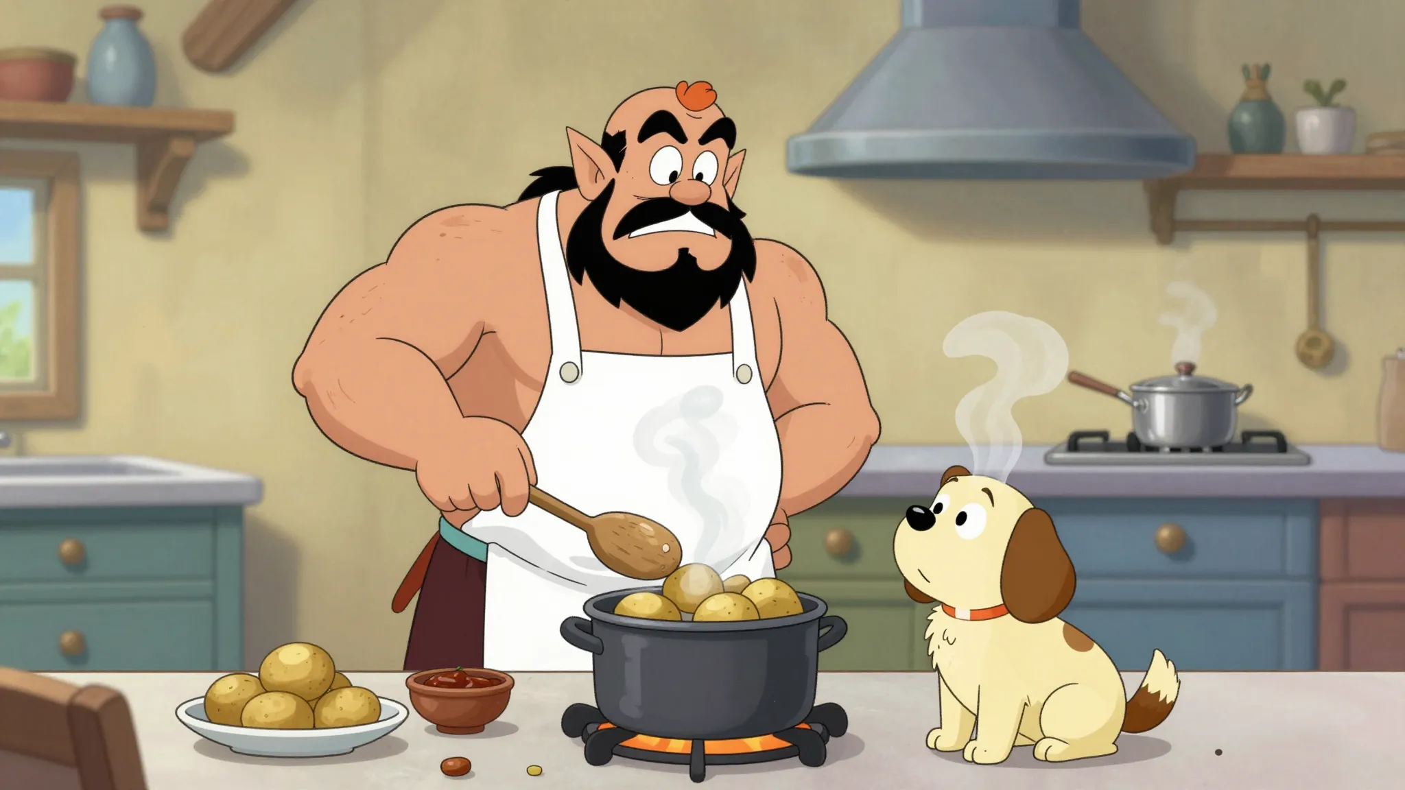 A funny cartoon of a muscular male genie with an apron cooki...