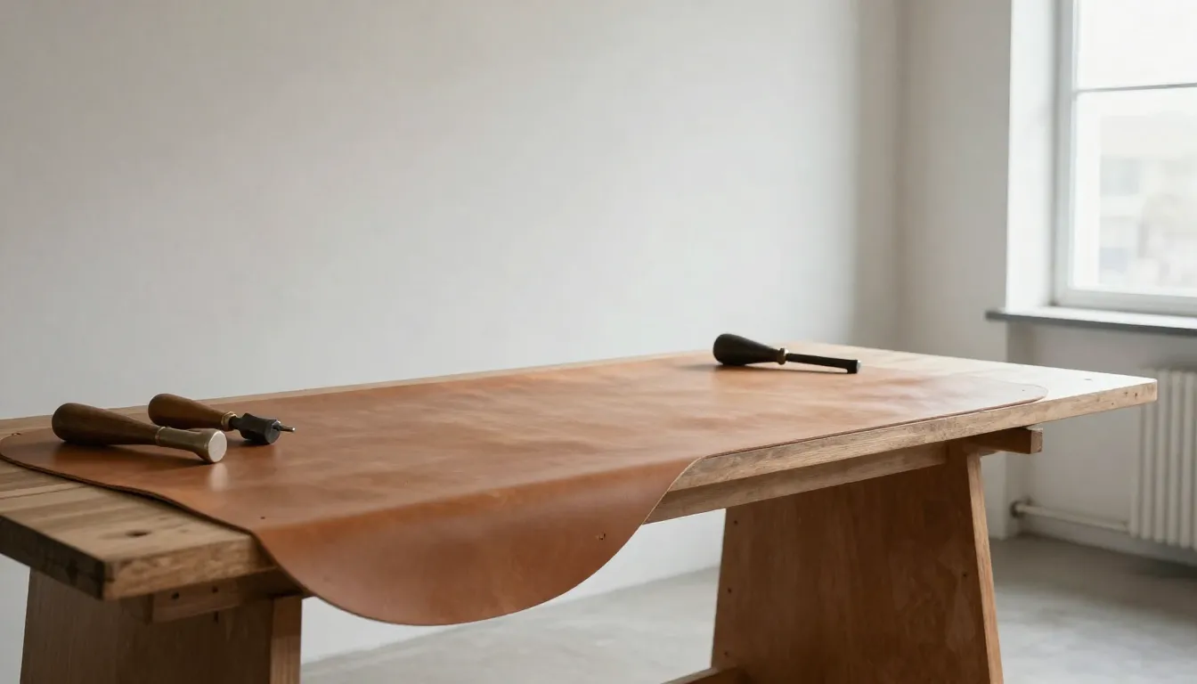 Minimalist leather workshop interior, clean workbench with a...
