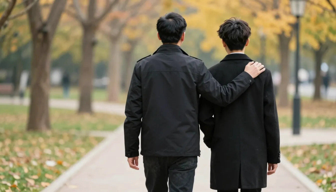 A poignant back view of a father and son walking in a park d...