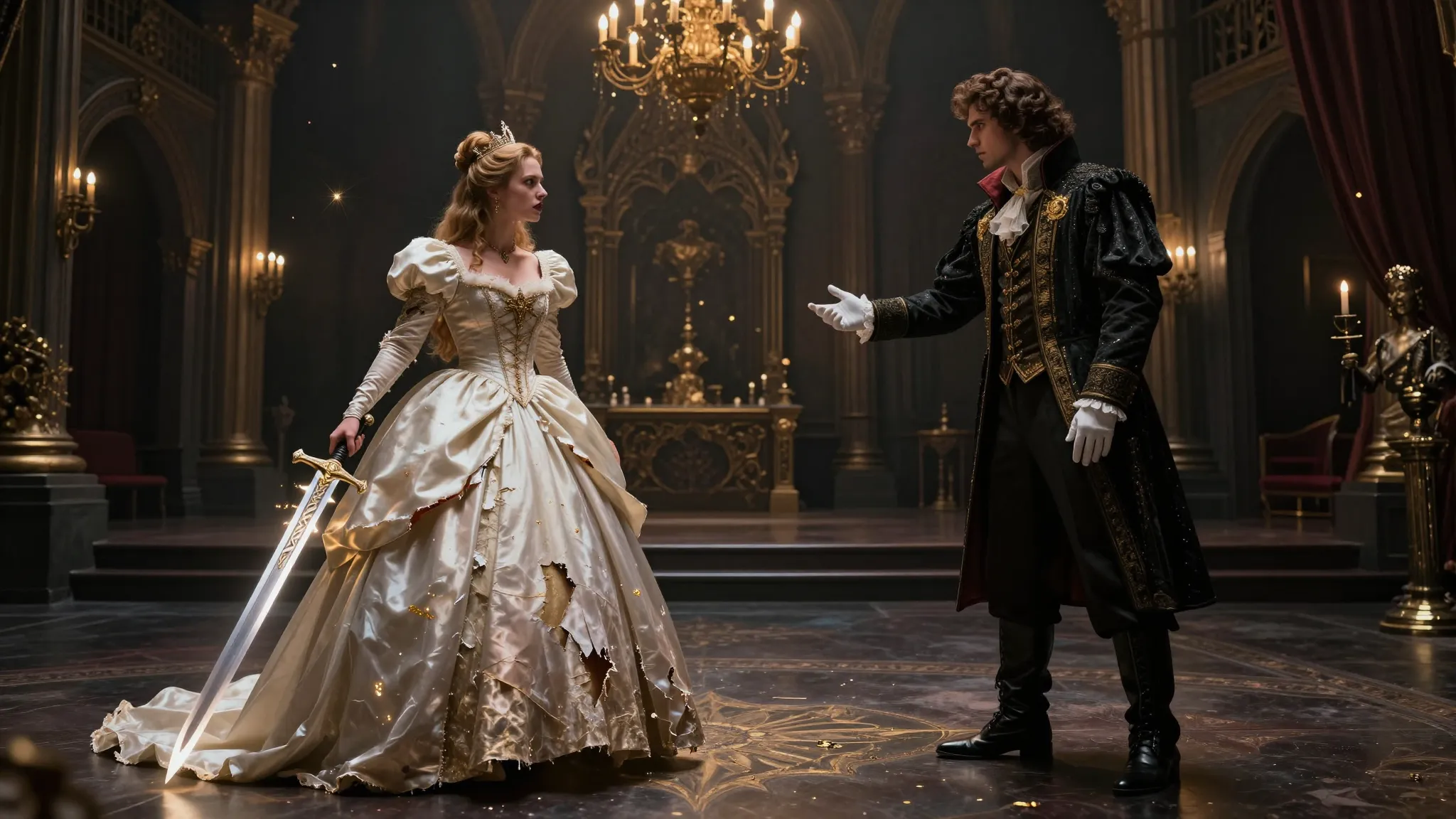 Cinematic wide shot of a fantasy ballroom, a defiant princes...