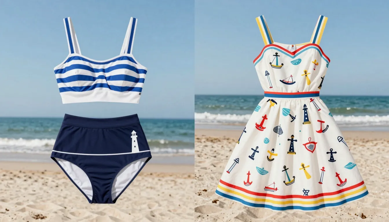 A collage of two 1950s beach outfits. Left: a high-waisted b...
