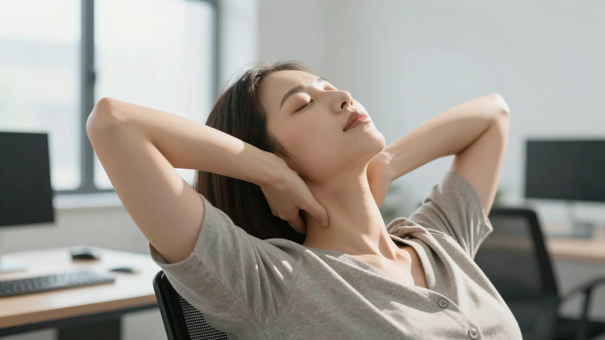 A person doing a gentle neck stretch in a bright modern offi...