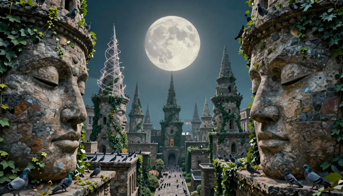 An epic, wide-angle film still of a living stone city. The b...