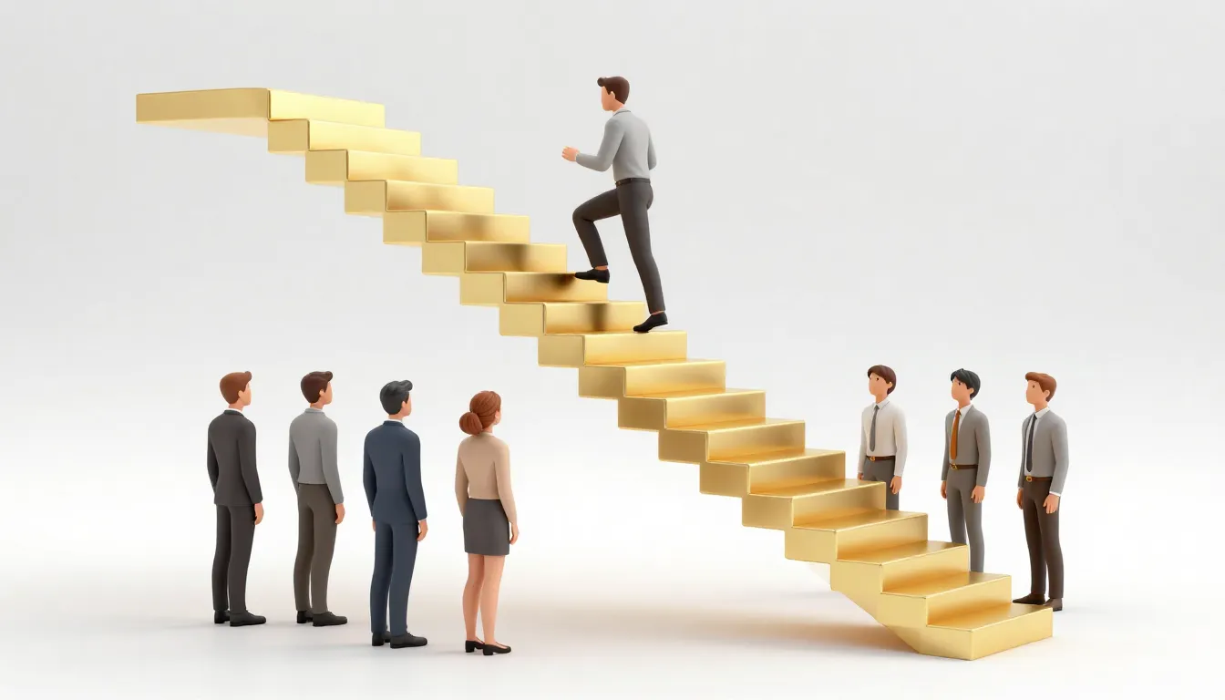 A high-quality 3D render of a golden staircase where one per...