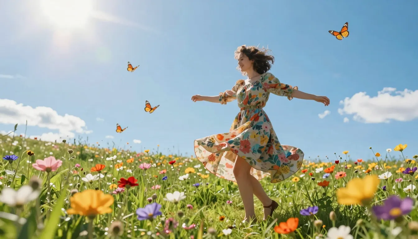A bright sunny meadow with colorful flowers and butterflies,...