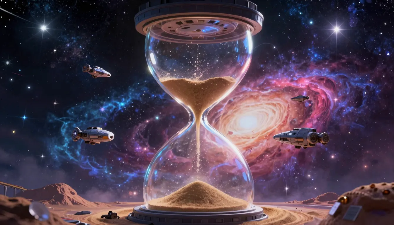 A majestic cosmic gateway shaped like an hourglass, with sta...