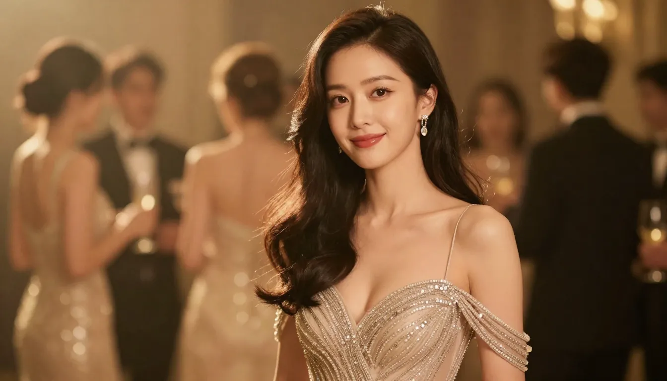 A beautiful elegant woman in a stunning evening dress at a f...