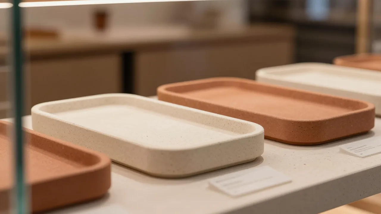 Close-up of a pastry shop window, matte stone-textured trays...