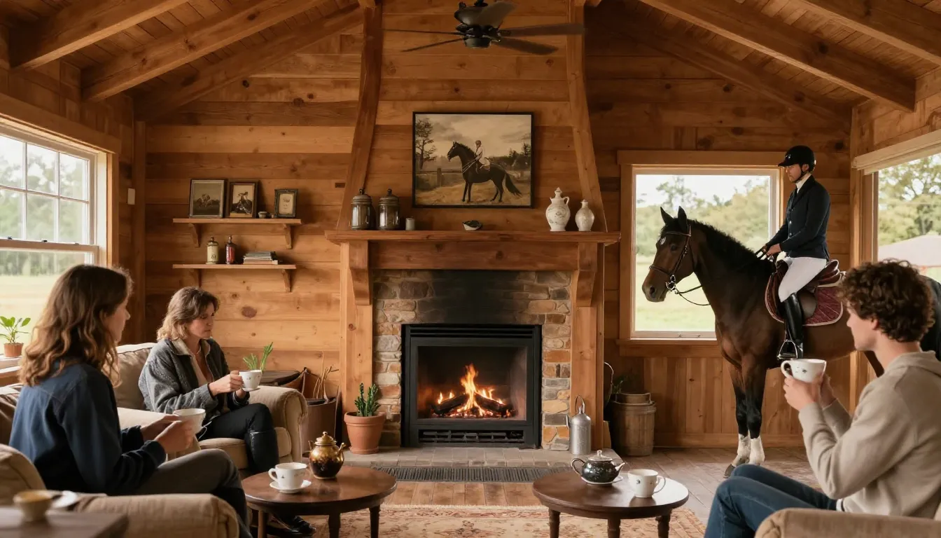 A cozy wooden clubhouse interior with a fireplace, equestria...