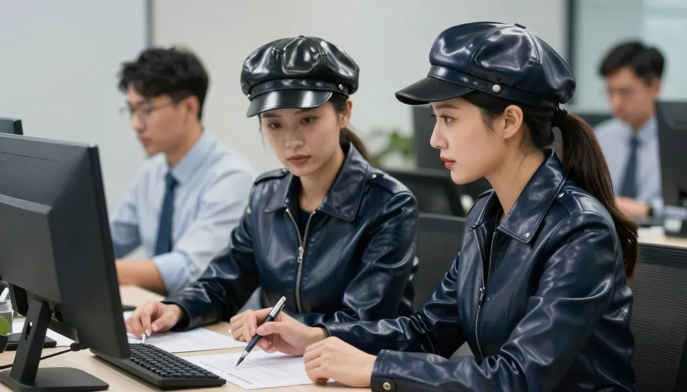 Side view from the left, two Chinese women sitting at an off...
