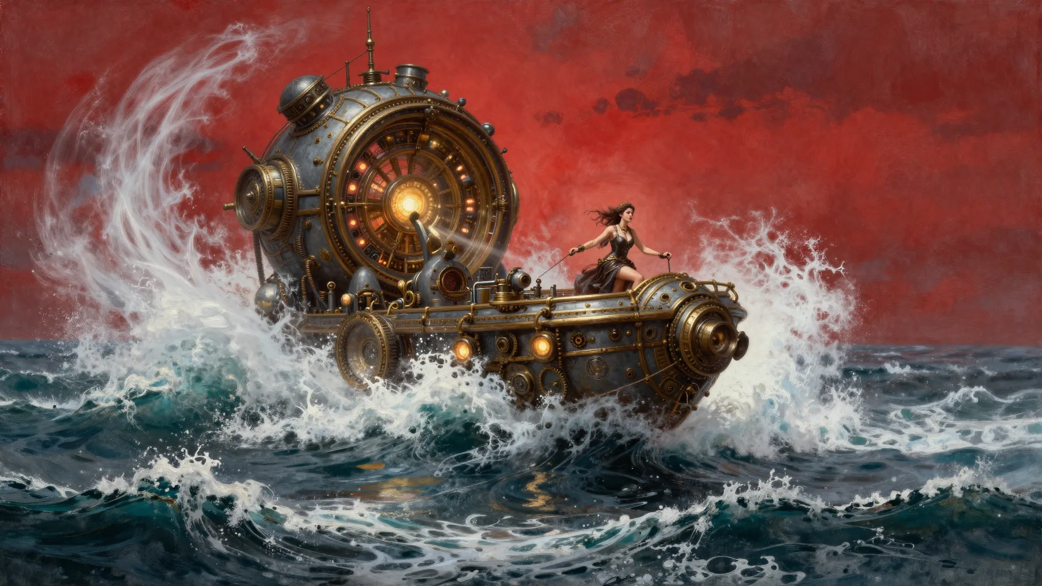 Epic seascape, a circular steampunk craft with glowing light...