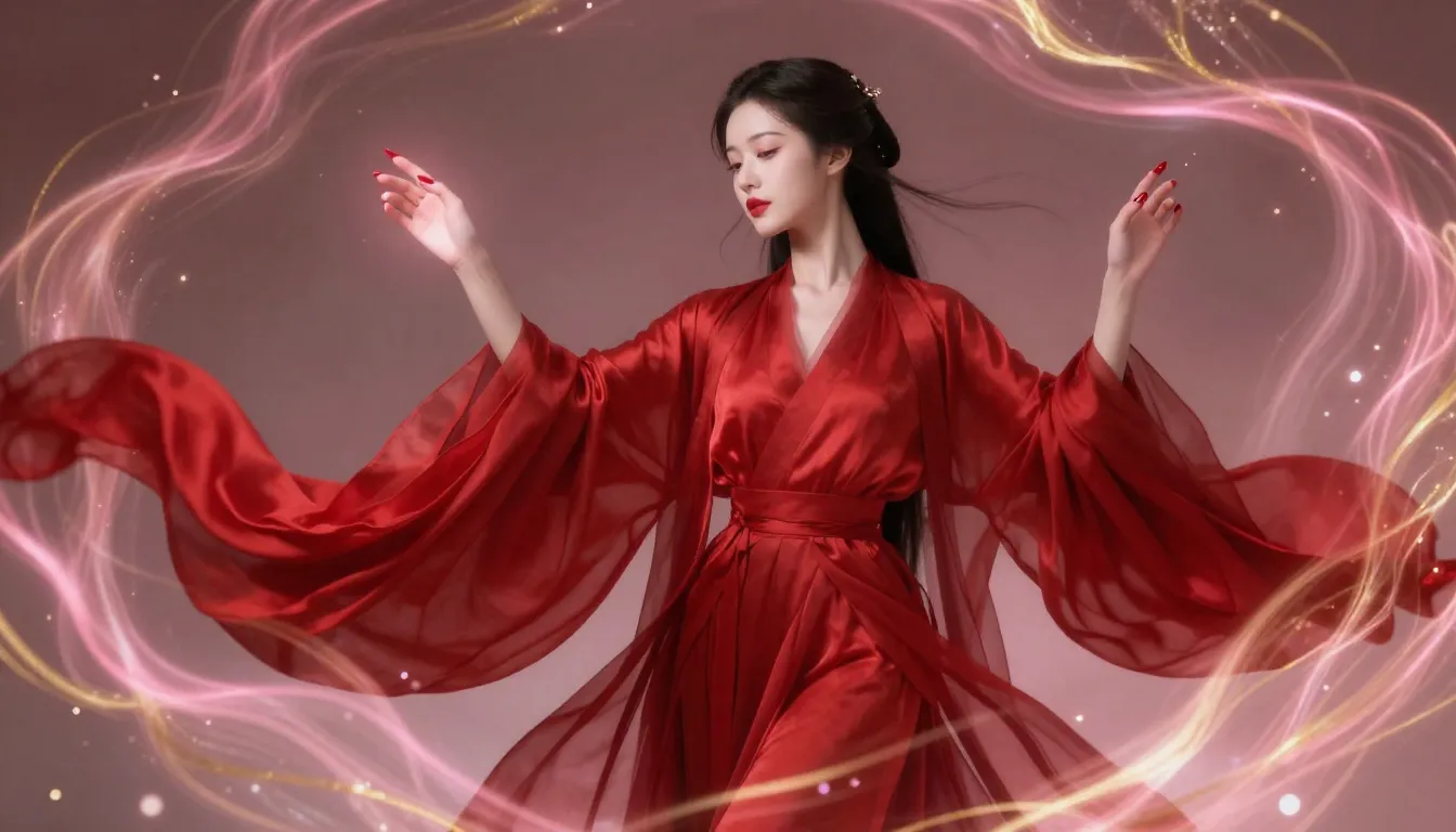 A slender woman in a flowing red silk dress with wide sleeve...