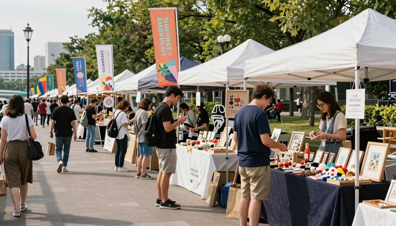 A vibrant and festive outdoor market scene with many people ...