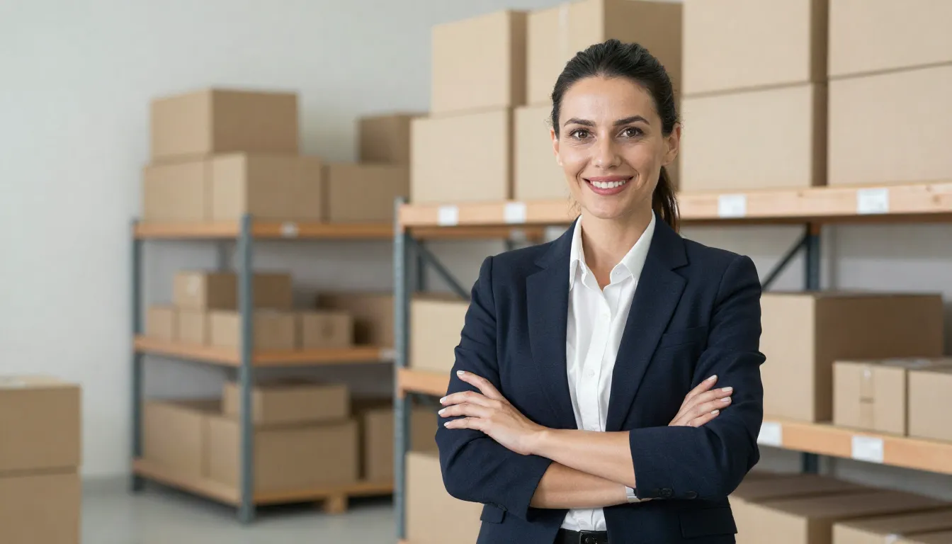 A successful woman entrepreneur standing in front of a shelf...