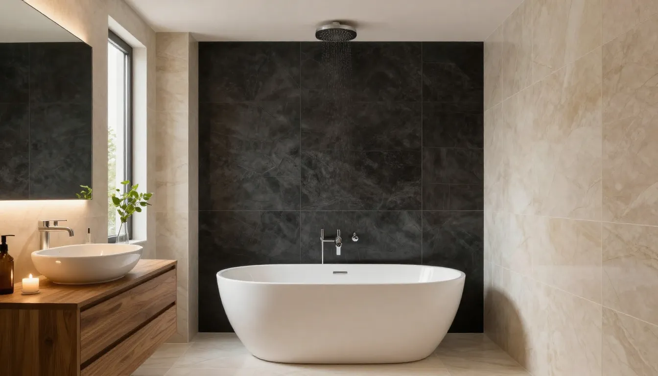 Photorealistic interior design of a modern luxury bathroom. ...