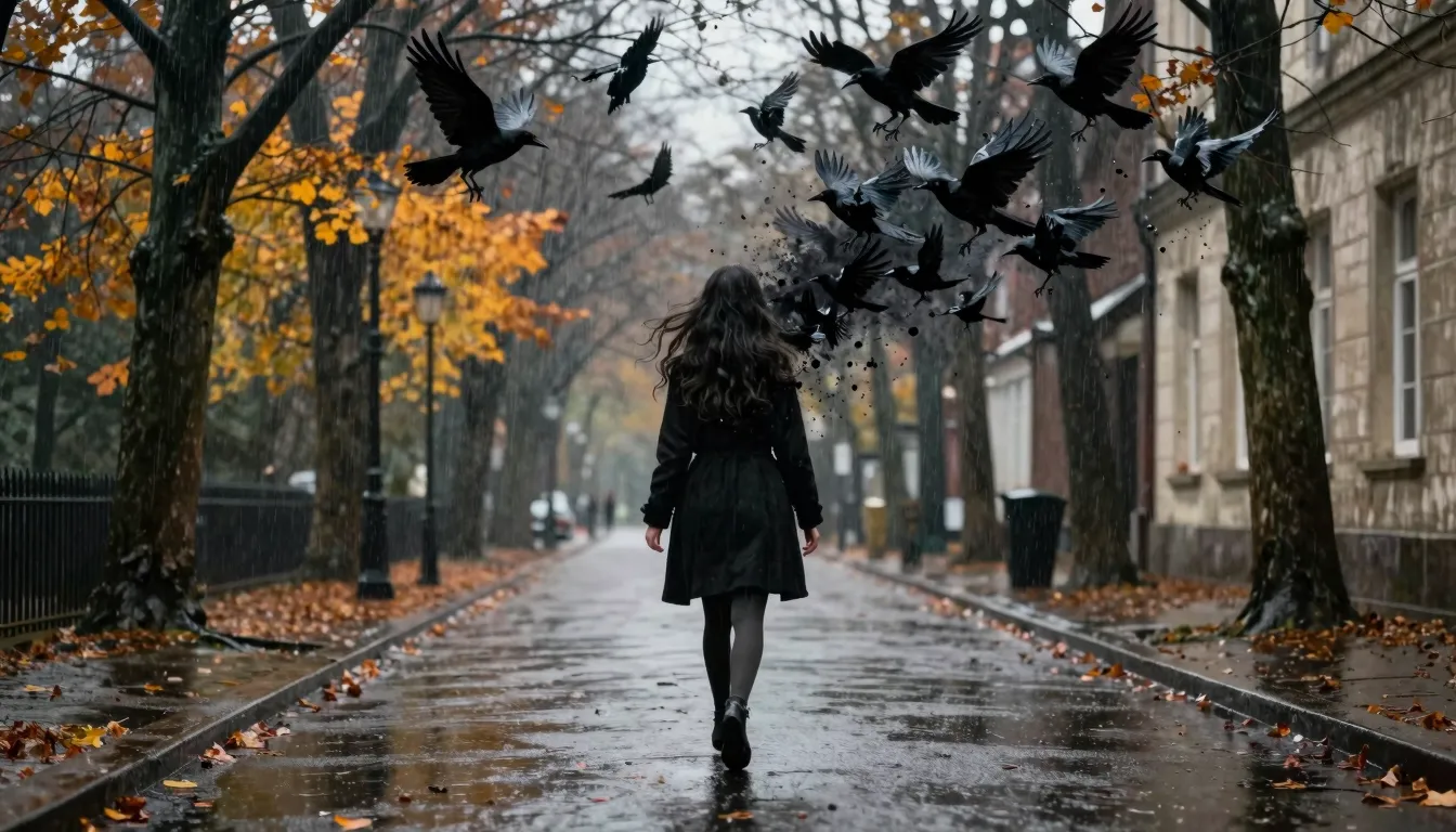A surreal scene of a girl walking down a wet, old park alley...