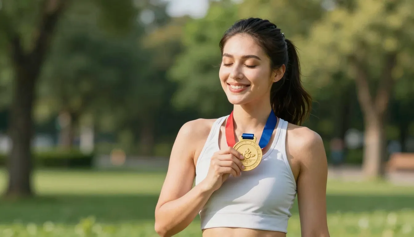 A joyful young woman in modern sportswear standing in a sunl...