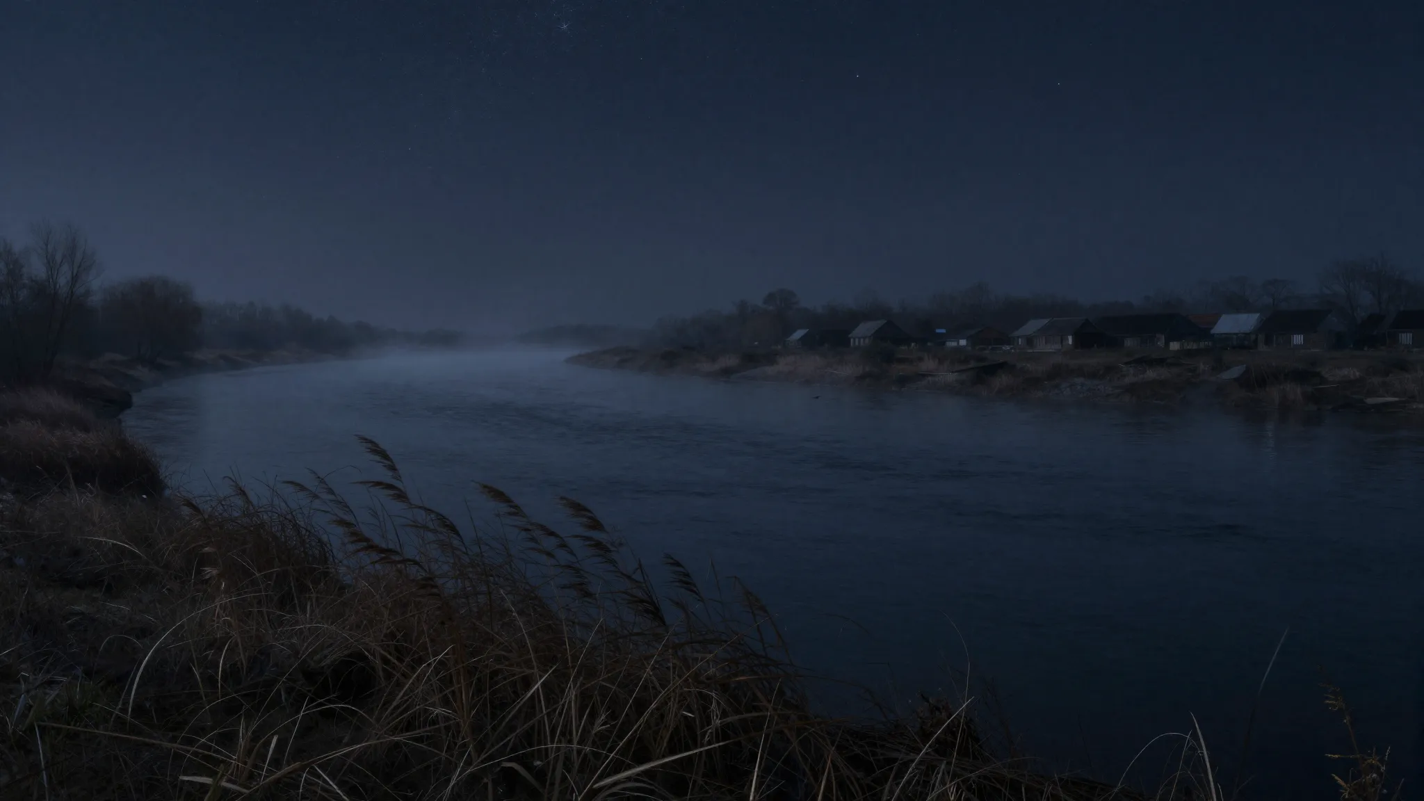 A wide landscape of a dark, vast river at night. Thick, smok...