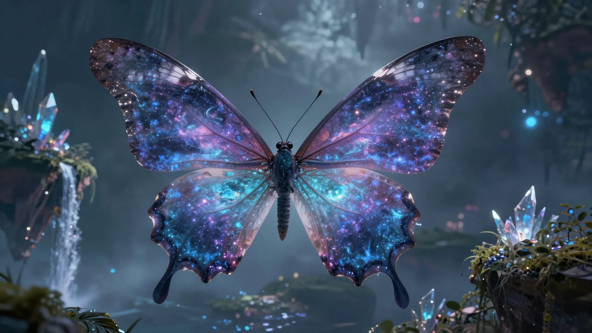 A cinematic shot of a giant spectral butterfly with wings ma...