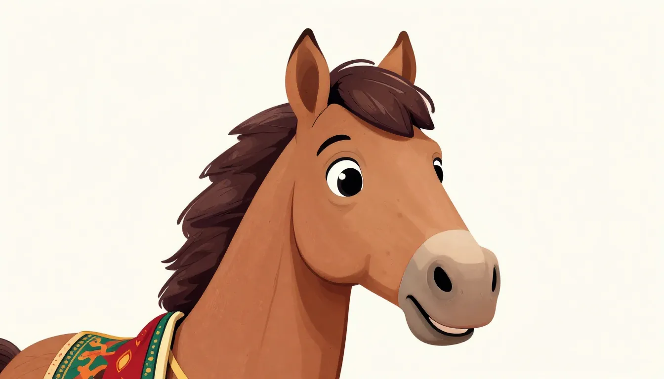 A friendly cartoon horse head wearing a colorful traditional...