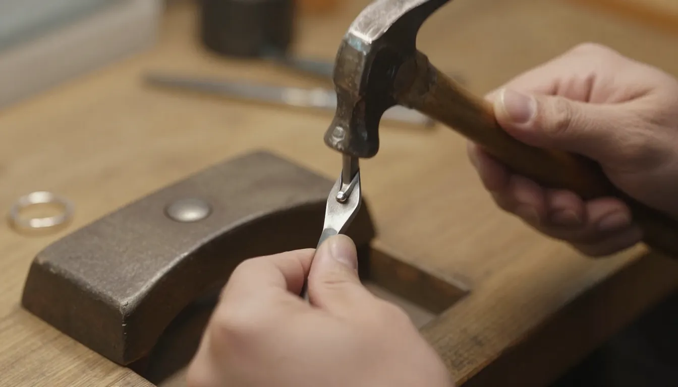 Close-up of a jeweler's hands working with silver and a hamm...