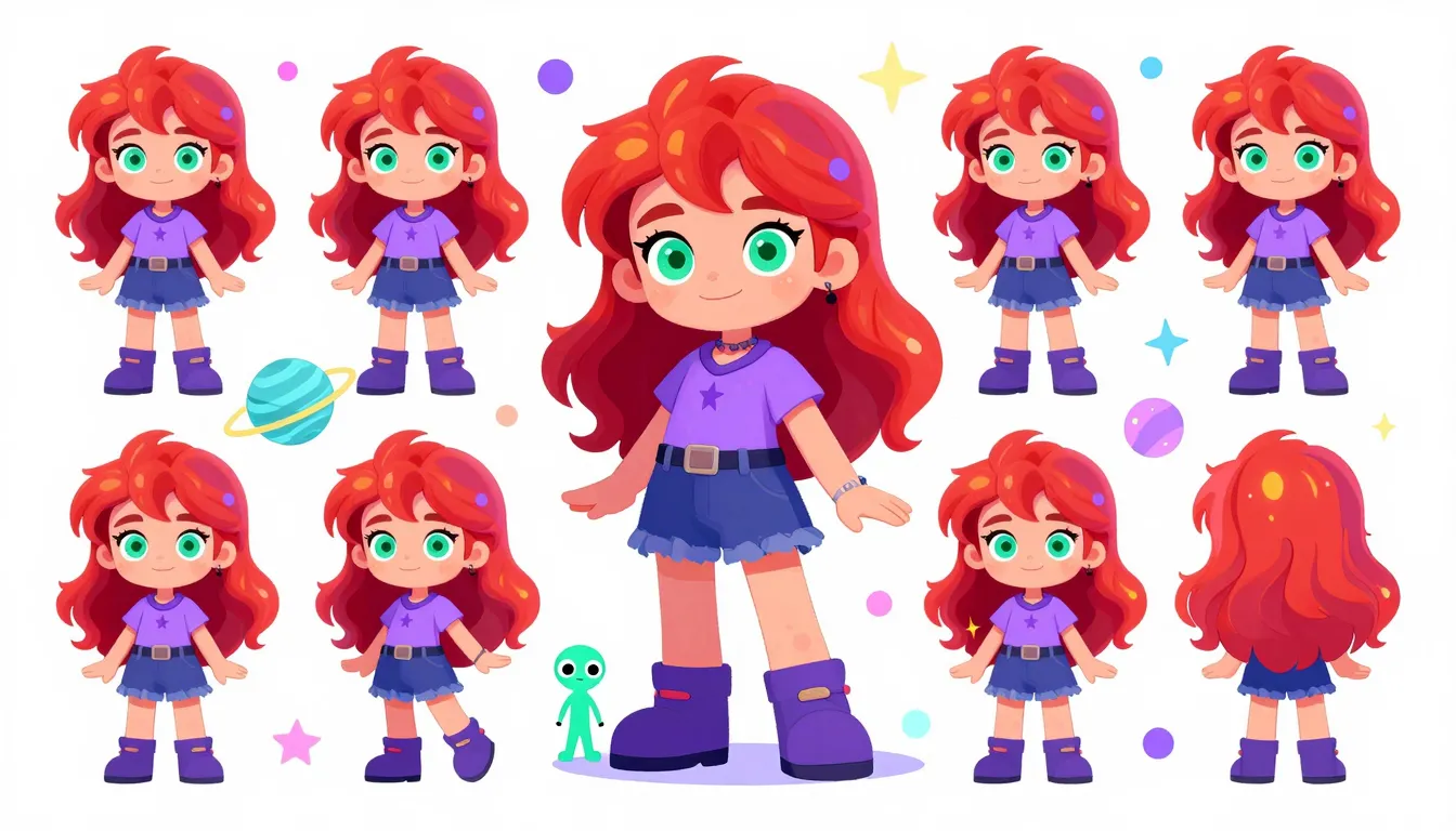 Full body character design sheet of a red-haired girl with p...