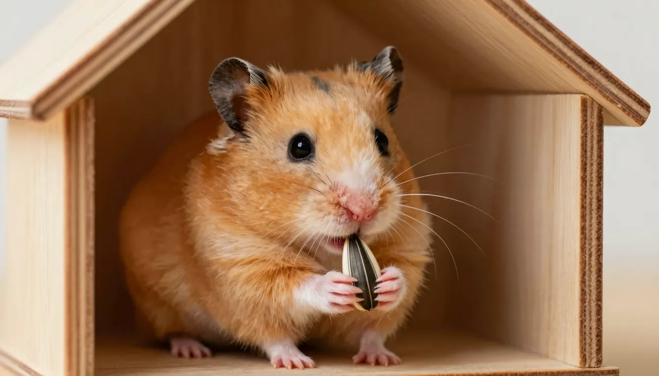 A cute Syrian hamster sitting in a miniature wooden house, h...