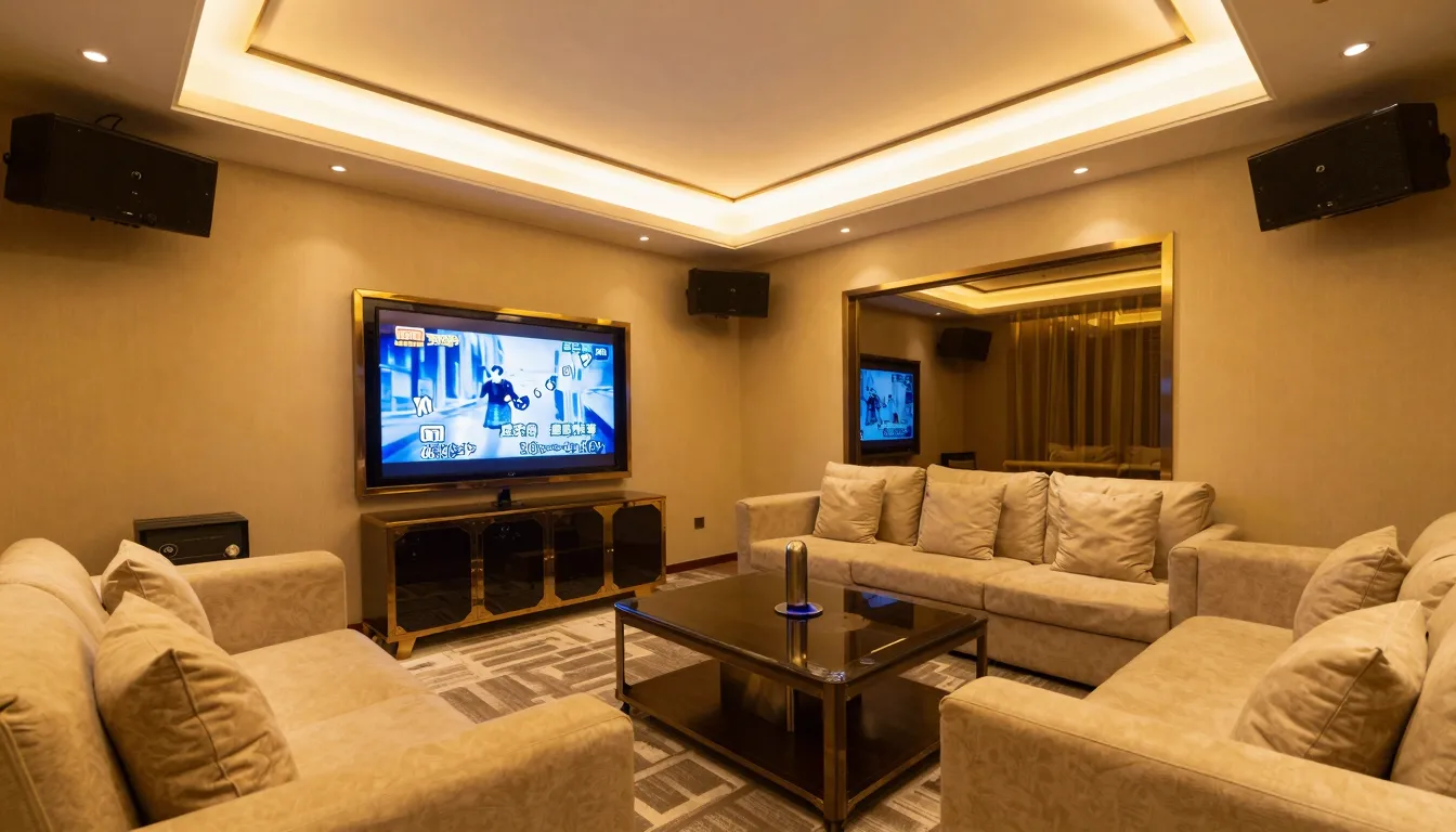 Modern private event space interior, cozy atmosphere, karaok...