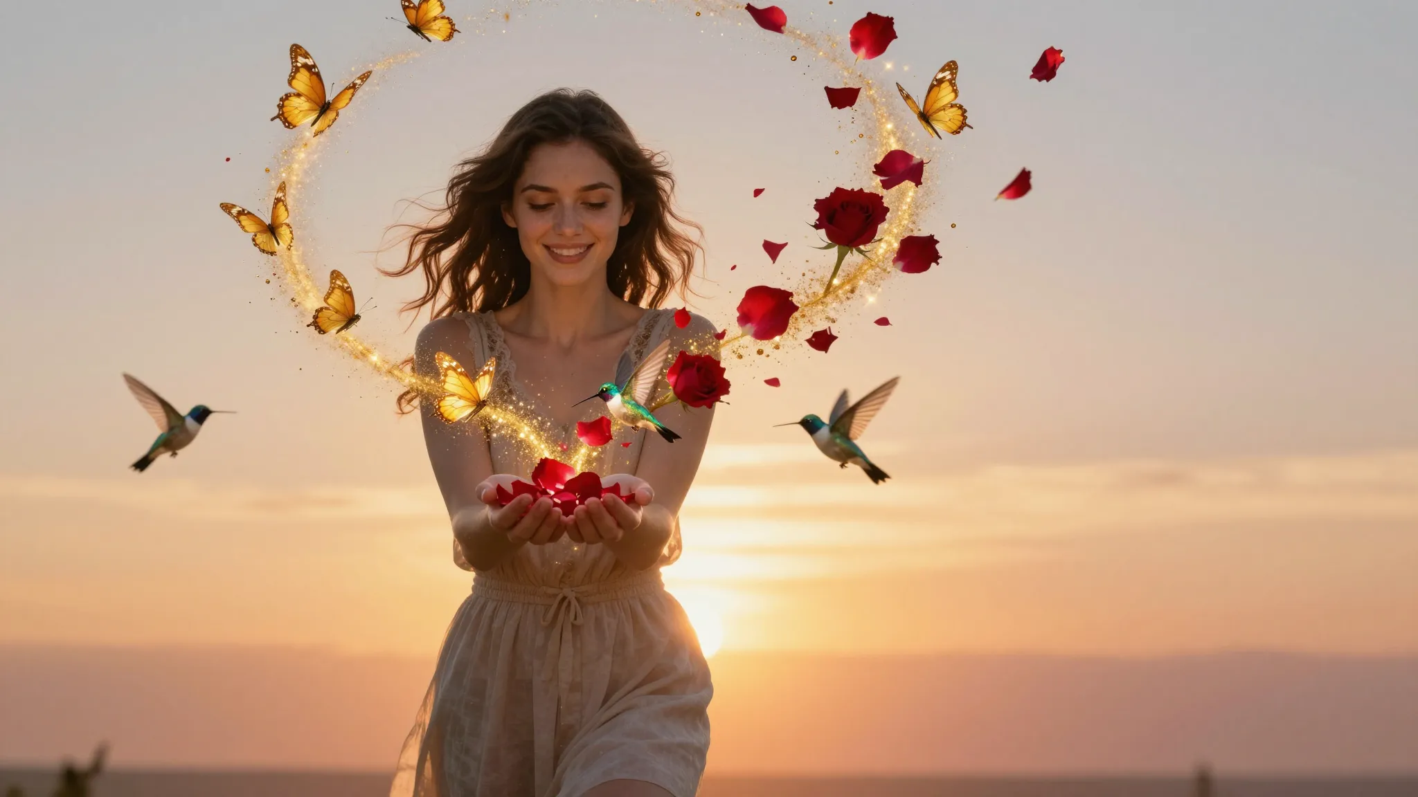 A beautiful young woman is walking towards the camera with a...