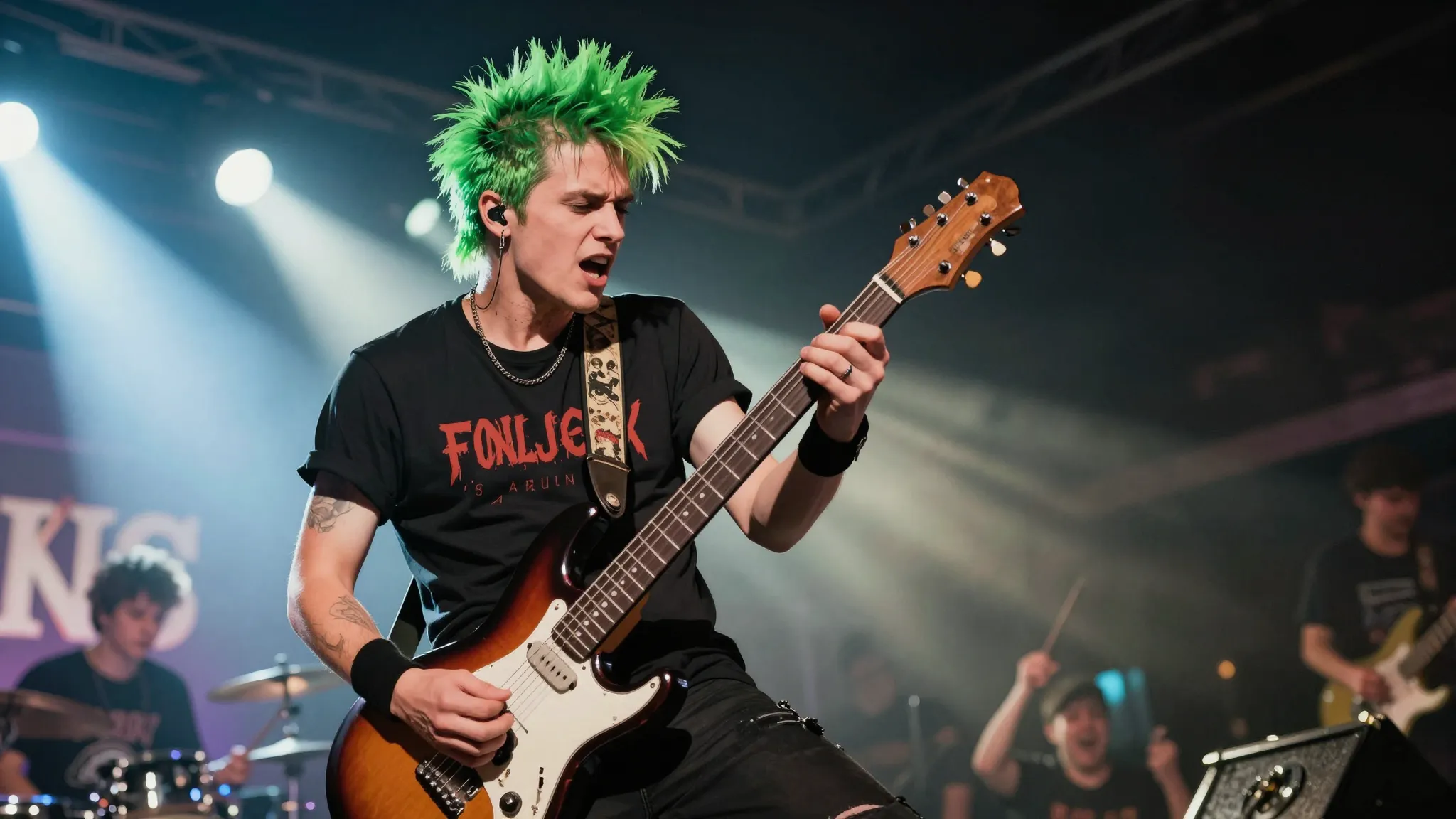 A punk rock singer with green hair performing on stage, hold...