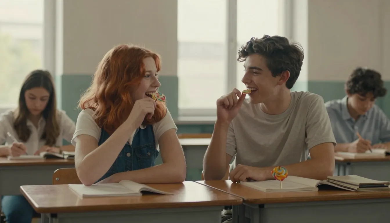 Two teenagers sitting at a school desk in a classroom, a you...
