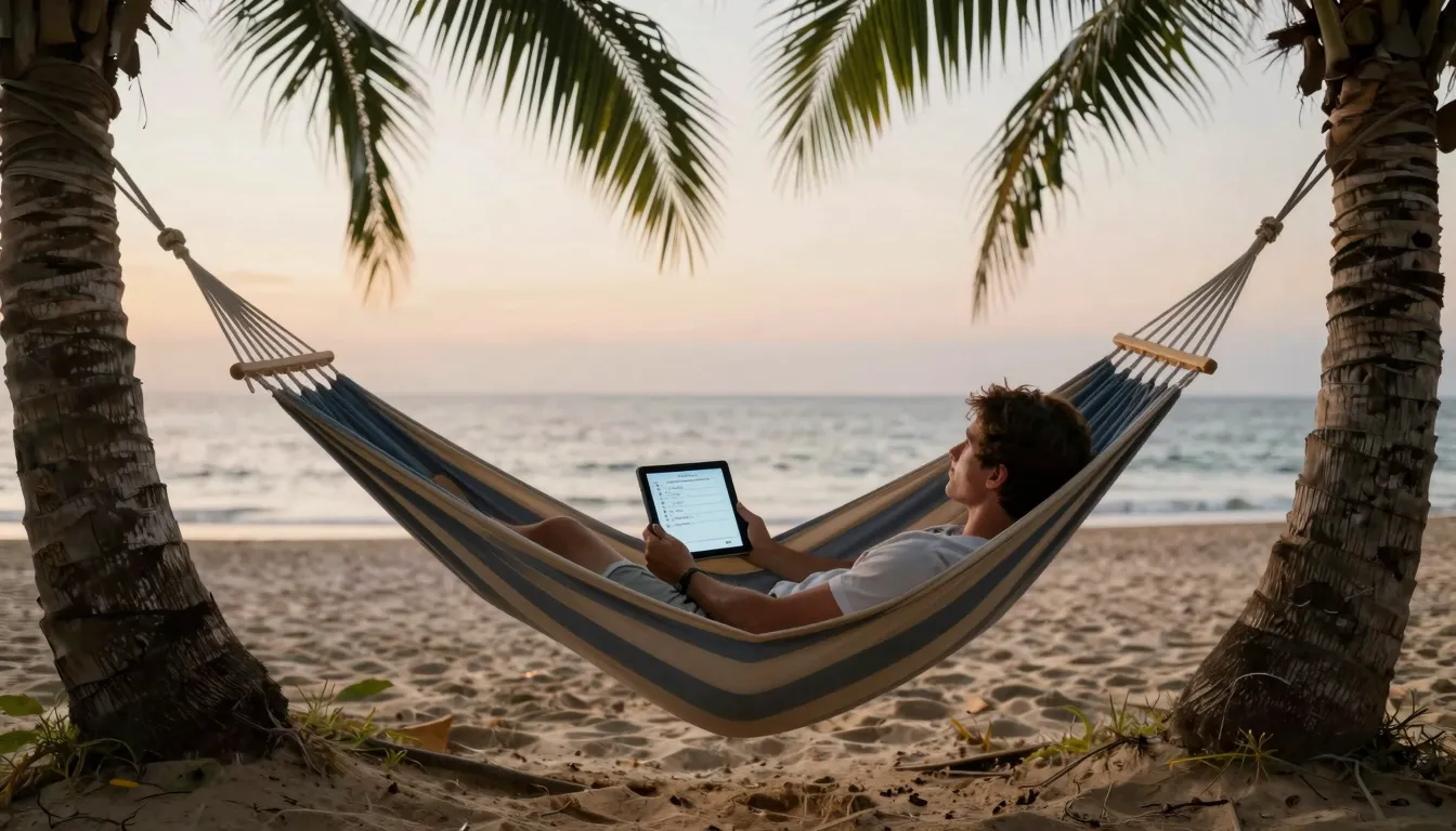 A peaceful person relaxing in a comfortable hammock between ...