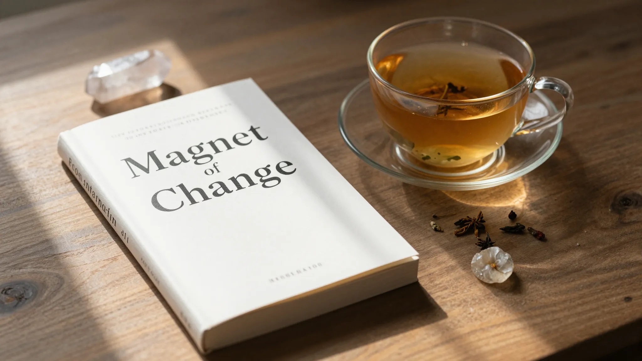 A pocket-sized book 'Magnet of Change' lying on a wooden tab...