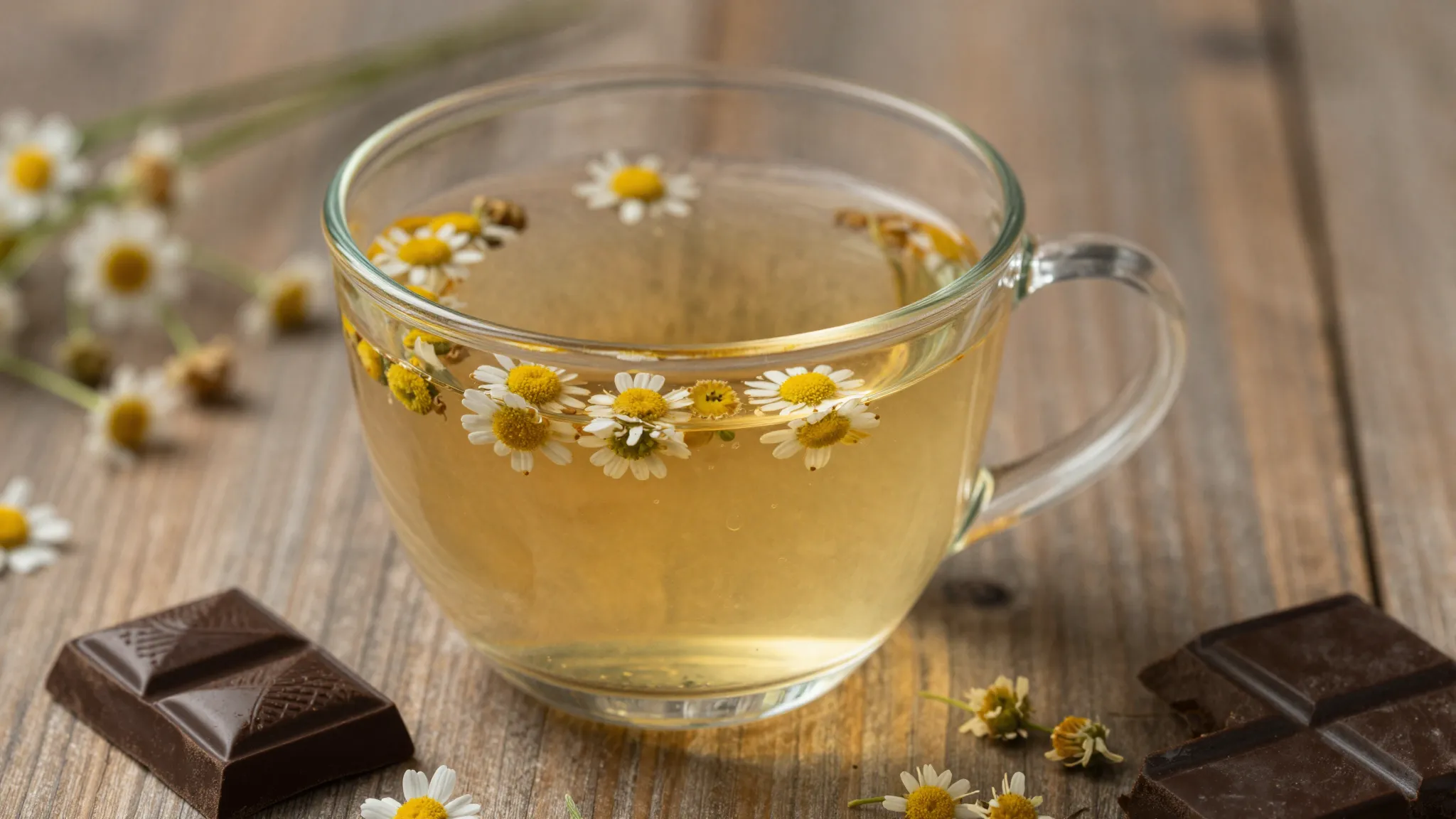 A transparent glass of herbal tea with chamomile flowers and...